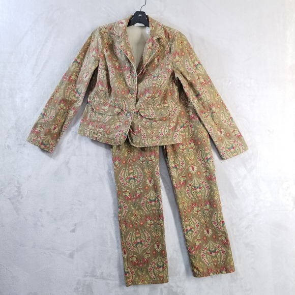 Liz Claiborne Pants - Vintage Pant Suit Women M/8 100% Cotton Floral Straight Leg Blazer Liz Claiborne